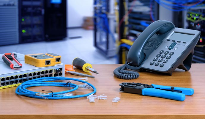 Business phone system with network equipment and cabling tools