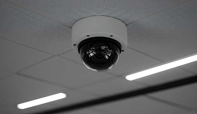 Indoor dome security camera mounted on an office ceiling.