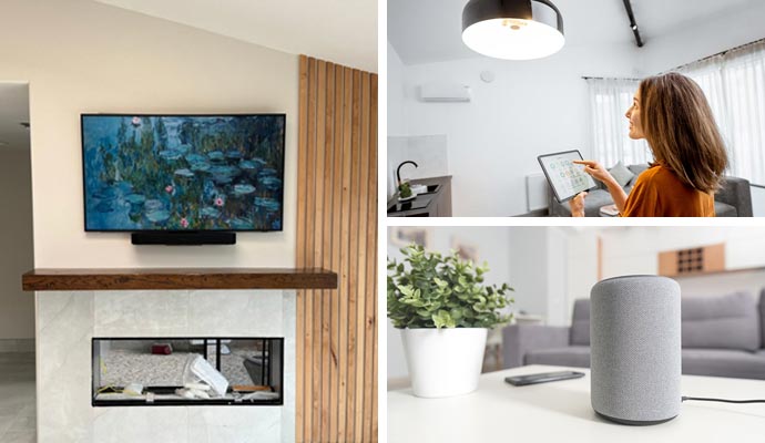 Collage of a smart tvs, a tablet controlling home automation, and a voice assistant speaker