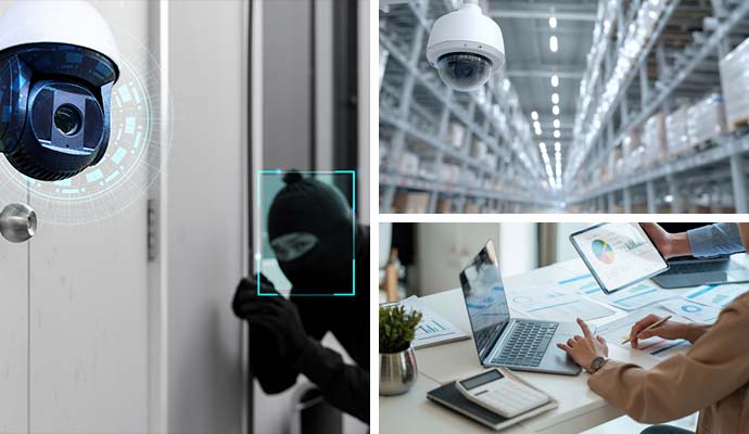 Collage showing burglary detection, warehouse camera, and business analytics