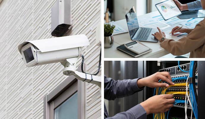 Collage of commercial bullet camera, business reporting, and server cabling