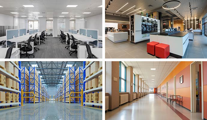 Collage of commercial office, retail, warehouse, and school spaces