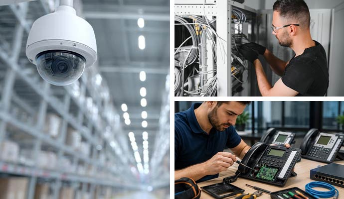 Collage of commercial security camera, network cabling, and business phone repair
