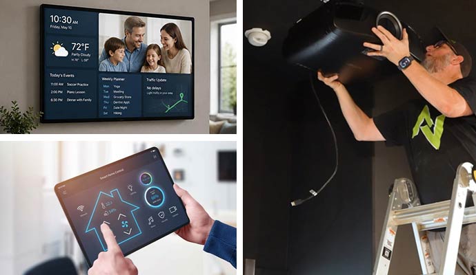 Collage of digital signage, smart home control, and projector mounting