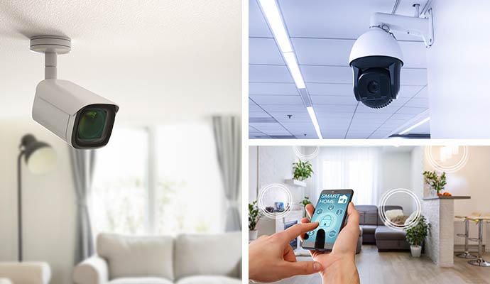 Collage of residential bullet camera, commercial dome camera, and smart home app