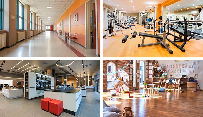 Collage of school hallway, fitness gym, retail store, and daycare