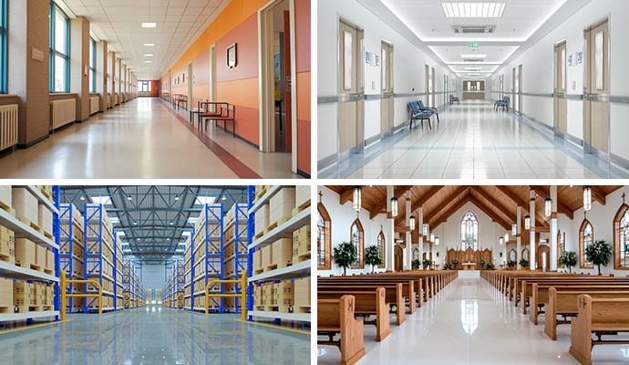Collage of school, hospital, warehouse and church