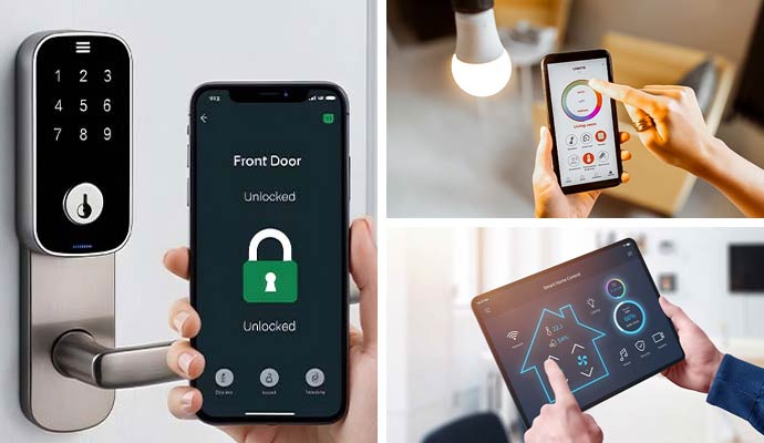 Collage of smart door lock, lighting, and home automation controls
