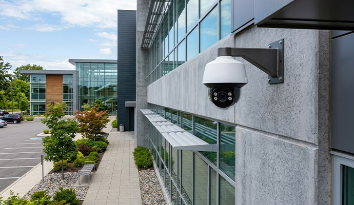 Dome security camera mounted on a commercial office building exterior