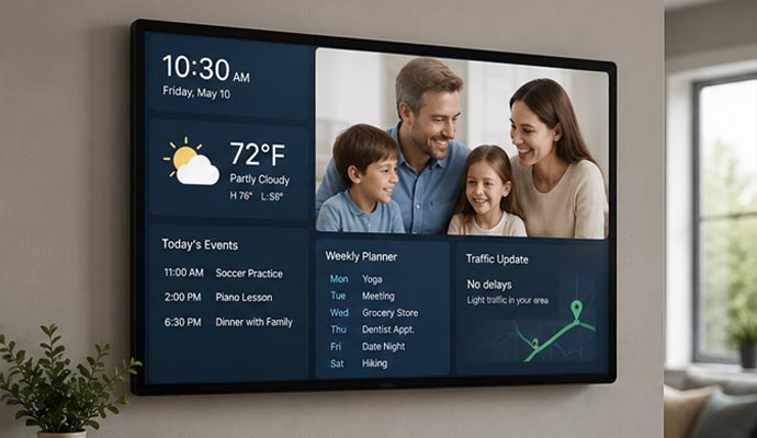Digital signage display showing family photos, reminders, and weather updates
