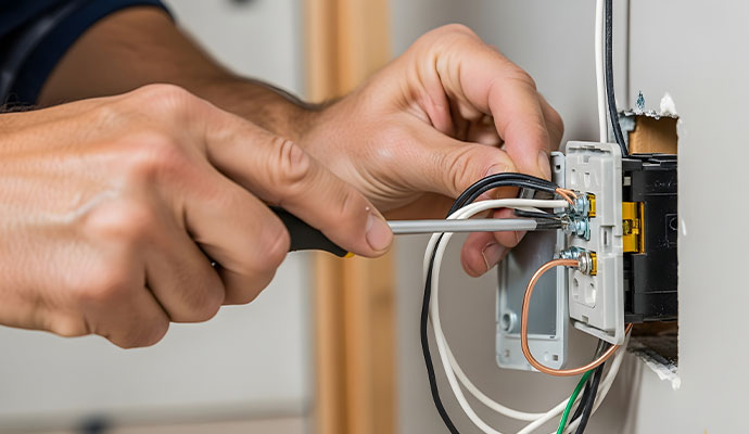 Hands installing wiring on a wall electrical outlet