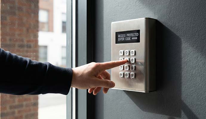 Hand entering code on security keypad