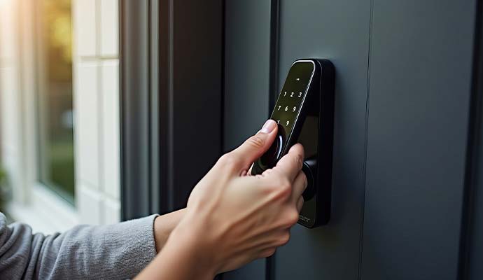 A person operating a digital touchscreen door lock keypad