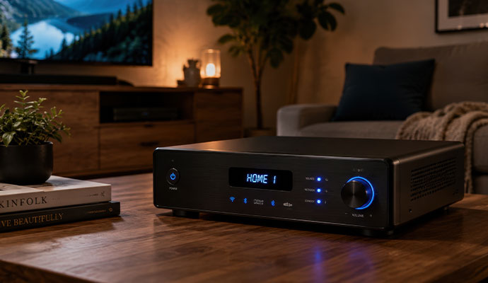 Black home theater receiver on a coffee table in a living room.