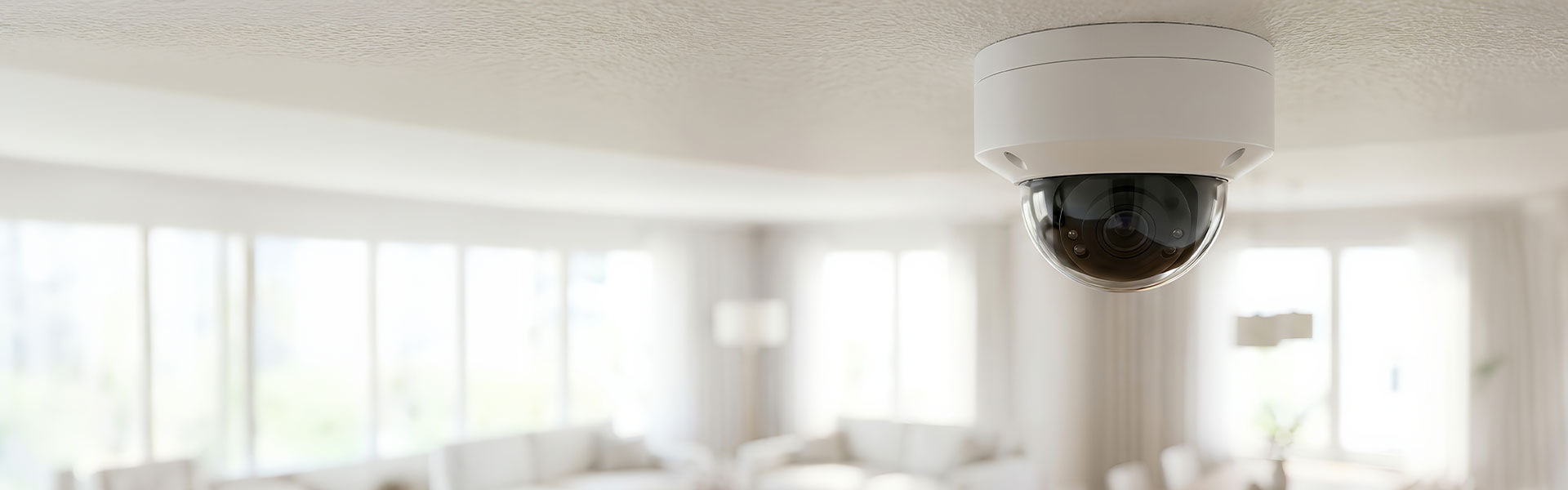 Indoor dome security camera mounted on a living room ceiling.
