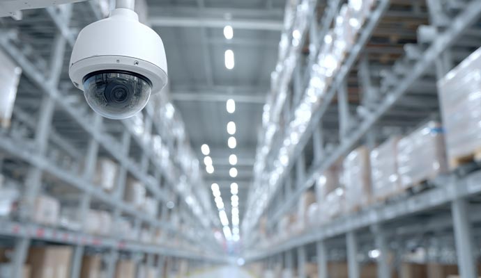 Installed security camera in a warehouse