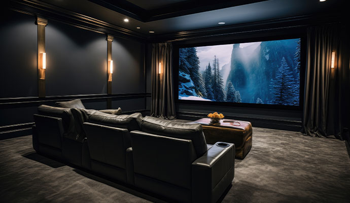 Luxury home theater with projection screen and recliner seating.