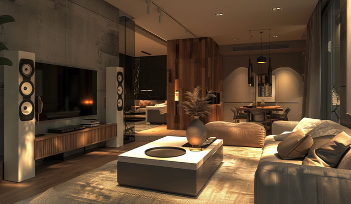 Modern living room with floor-standing speakers beside a wall-mounted TV.