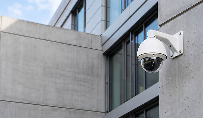 White outdoor dome security camera on a concrete building wall.