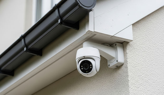 White outdoor dome security camera mounted on a stucco wall.