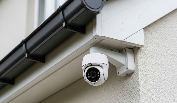 White outdoor dome security camera mounted under a roof eave.