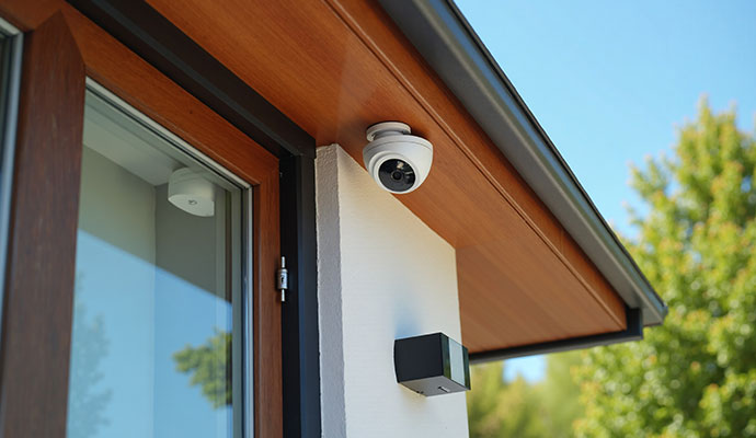 White outdoor dome security camera mounted under a roof overhang