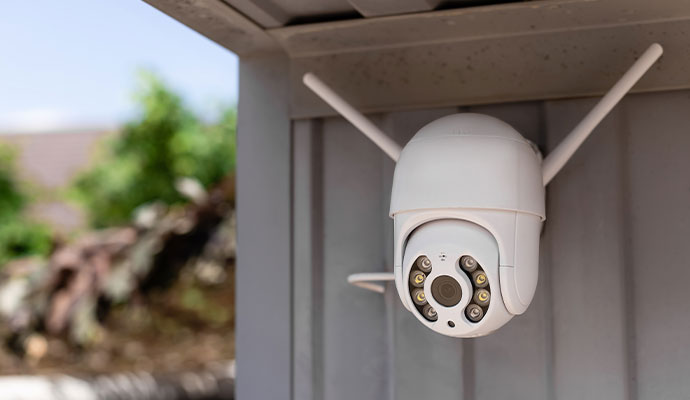 Outdoor security camera with wireless antennas mounted on a wall.