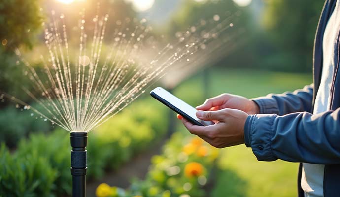 Person controlling smart irrigation system using smartphone