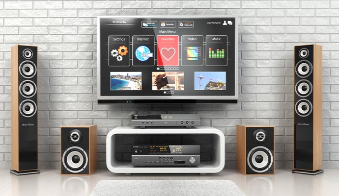 Professional audio and video system with home theater speakers and television