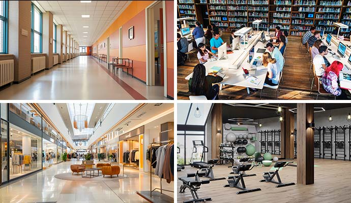 Collage of school library mall and gym interiors