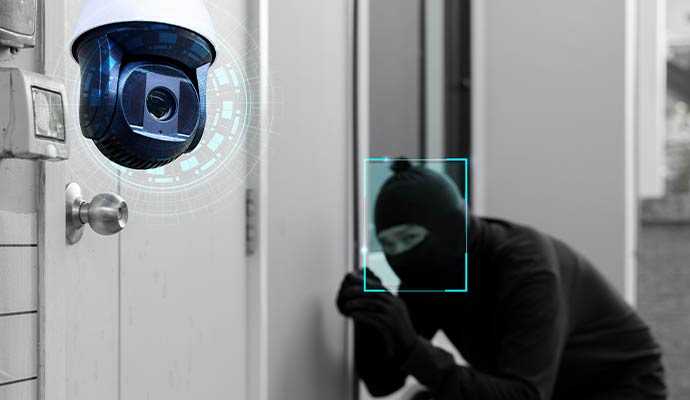 Security camera detecting masked intruder at residential door