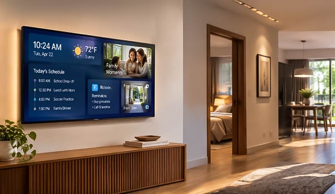 Smart digital display screen mounted on living room wall