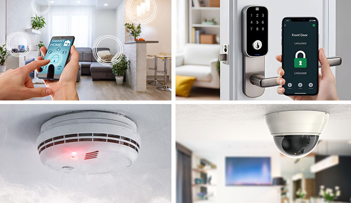 collage of smart home app, door lock, smoke detector, and security camera
