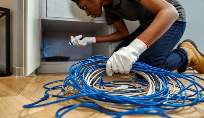 Technician inspecting structured wiring inside a cabinet