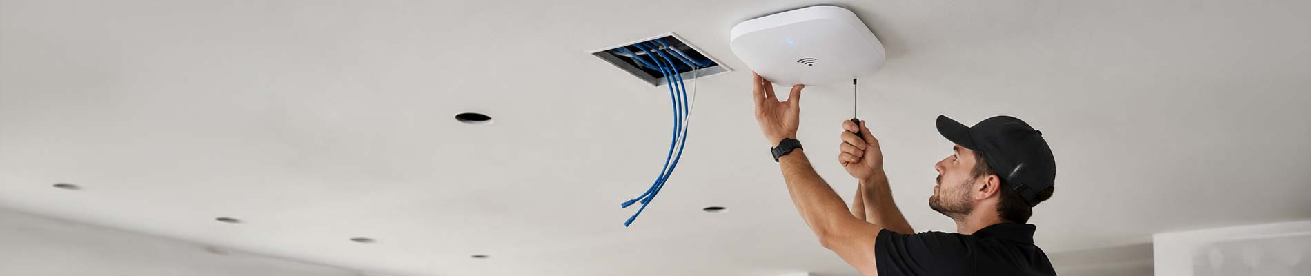 Technician installing ceiling-mounted wifi router in home