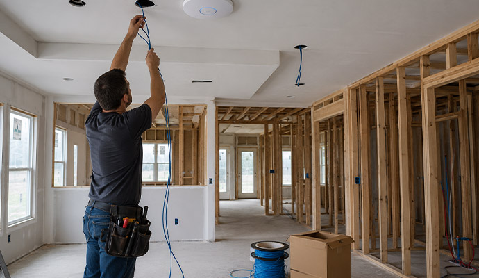 Technician installing ceiling wi-fi cables in a new construction home