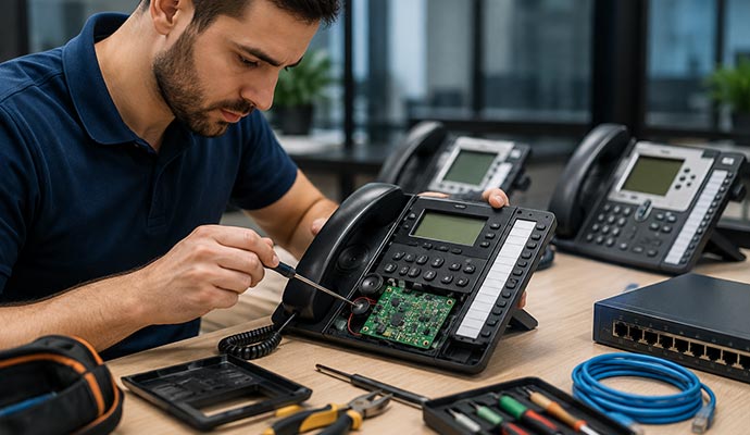 Technician repairing a business phone system