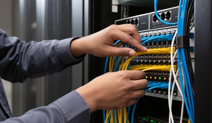 Technician testing network wiring and connections in a server rack