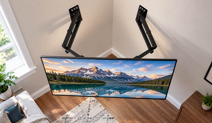 Television mounted in corner with dual articulating arms