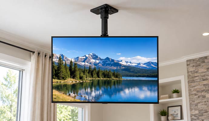 Television suspended from ceiling mount bracket