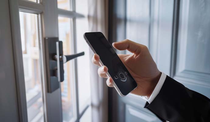 A person trying to open a touchless door system using a smartphone