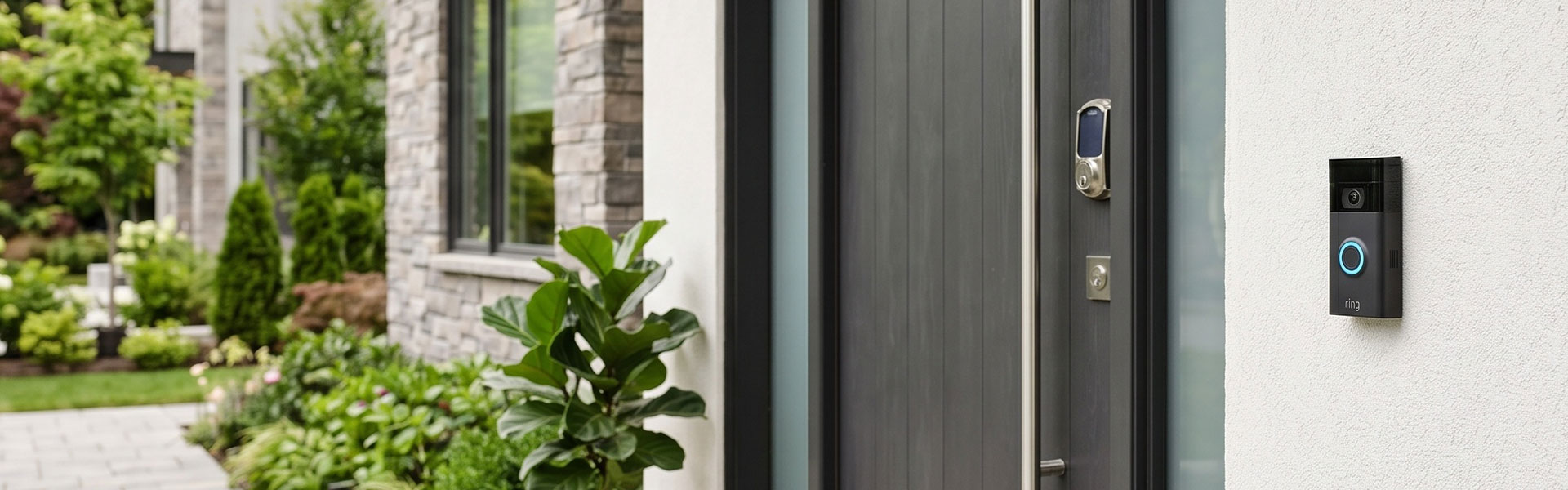 Video doorbell camera mounted beside a modern front door.