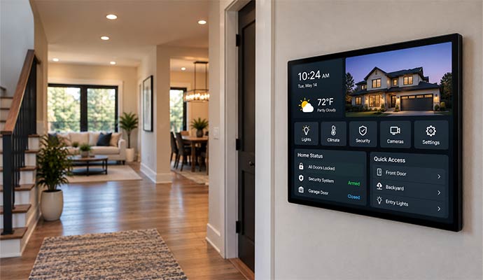 Wall-mounted digital display panel in hallway