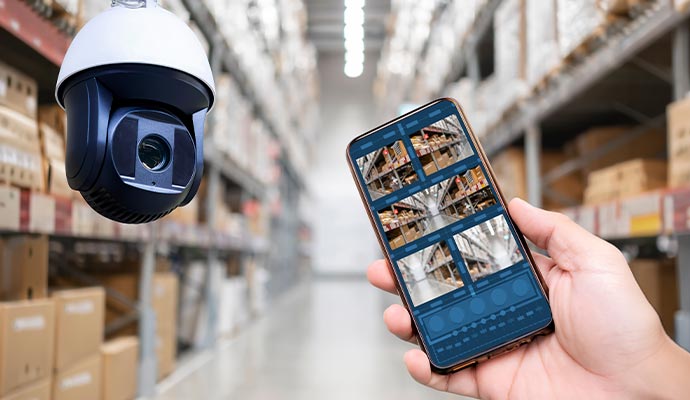Warehouse security camera mobile app monitoring