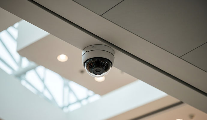 White dome security camera mounted on a commercial ceiling.