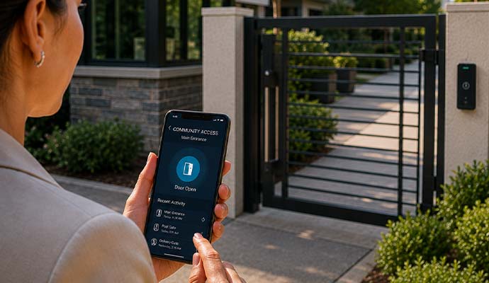 Woman opening community gate with app