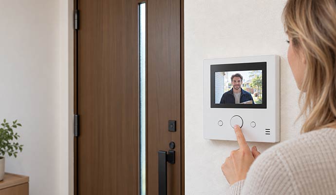Woman using video intercom system to screen visitor